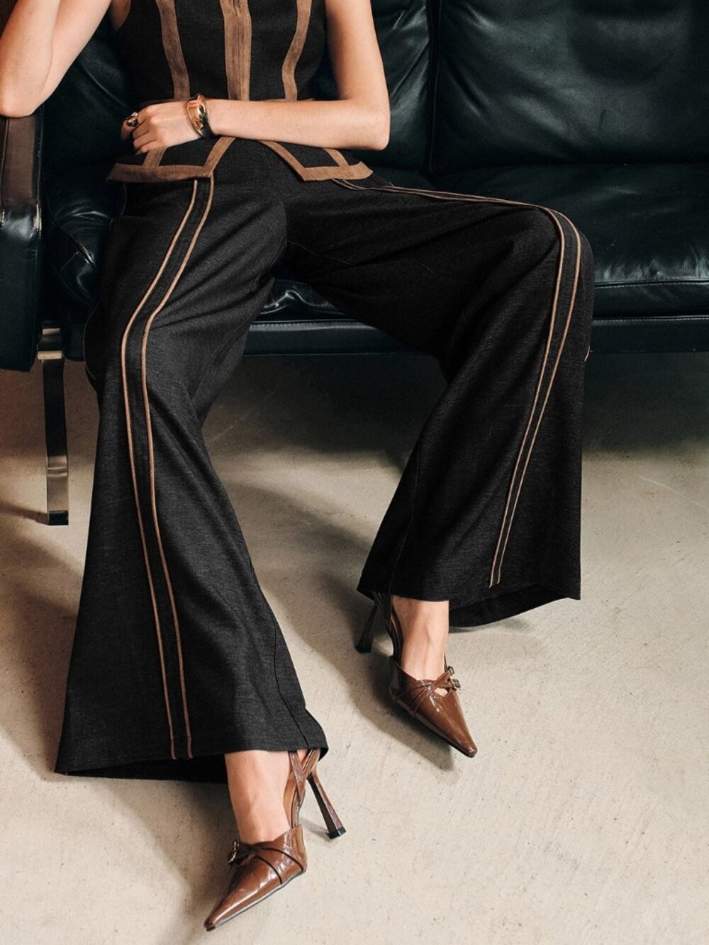 Black Elegant Women's Casual Suit Wide Leg Pants With Color Block Patchwork - Picture 6 of 7